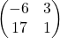 \begin{pmatrix} -6 & 3 \\ 17 & 1 \end{pmatrix}