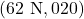 (62\text{ N}, 020°)