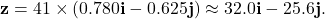 \[ \mathbf{z} = 41 \times (0.780\mathbf{i} - 0.625\mathbf{j}) \approx 32.0\mathbf{i} - 25.6\mathbf{j}. \]