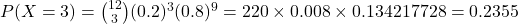 P(X = 3) = \binom{12}{3} (0.2)^3 (0.8)^9 = 220 \times 0.008 \times 0.134217728 = 0.2355