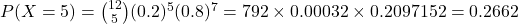 P(X = 5) = \binom{12}{5} (0.2)^5 (0.8)^7 = 792 \times 0.00032 \times 0.2097152 = 0.2662