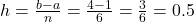 h = \frac{b - a}{n} = \frac{4 - 1}{6} = \frac{3}{6} = 0.5