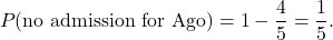 \[ P(\text{no admission for Ago}) = 1 - \frac{4}{5} = \frac{1}{5}. \]