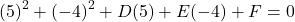 \[ (5)^2 + (-4)^2 + D(5) + E(-4) + F = 0 \]
