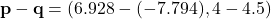 \[ \mathbf{p} - \mathbf{q} = (6.928 - (-7.794), 4 - 4.5) \]