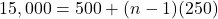 \[ 15,000 = 500 + (n - 1)(250) \]