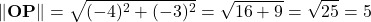 \[    \|\mathbf{OP}\| = \sqrt{(-4)^2 + (-3)^2} = \sqrt{16 + 9} = \sqrt{25} = 5    \]