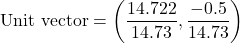 \[ \text{Unit vector} = \left(\frac{14.722}{14.73}, \frac{-0.5}{14.73}\right) \]