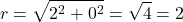 \[    r = \sqrt{2^2 + 0^2} = \sqrt{4} = 2    \]