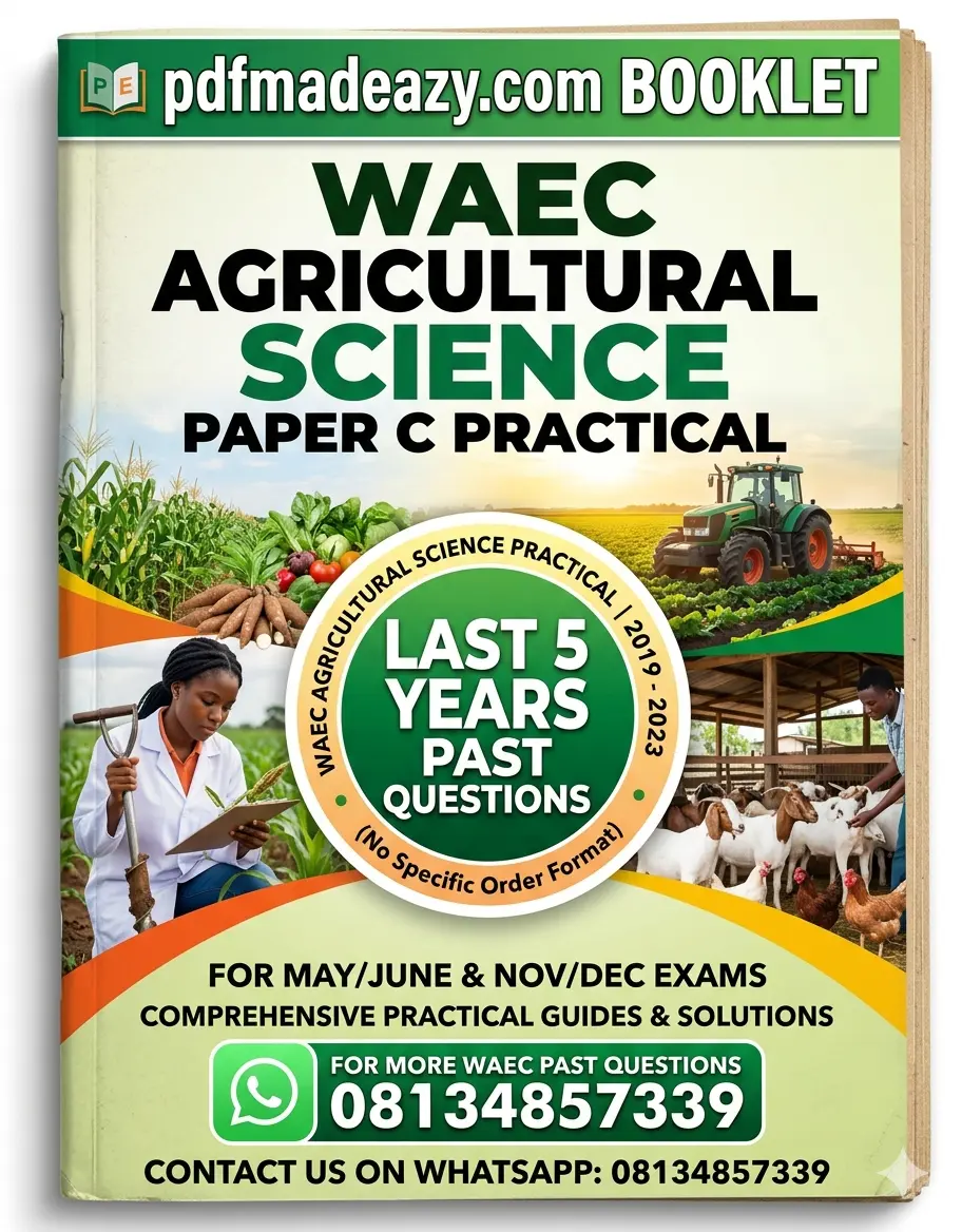 Front cover of pdfmadeazy.com Agricultural Science Paper C Practical booklet featuring a tractor, livestock, and WhatsApp contact 08134857339.